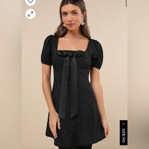 Polished Sweetie Black Jacquard Bow Puff Sleeve Mini Dress